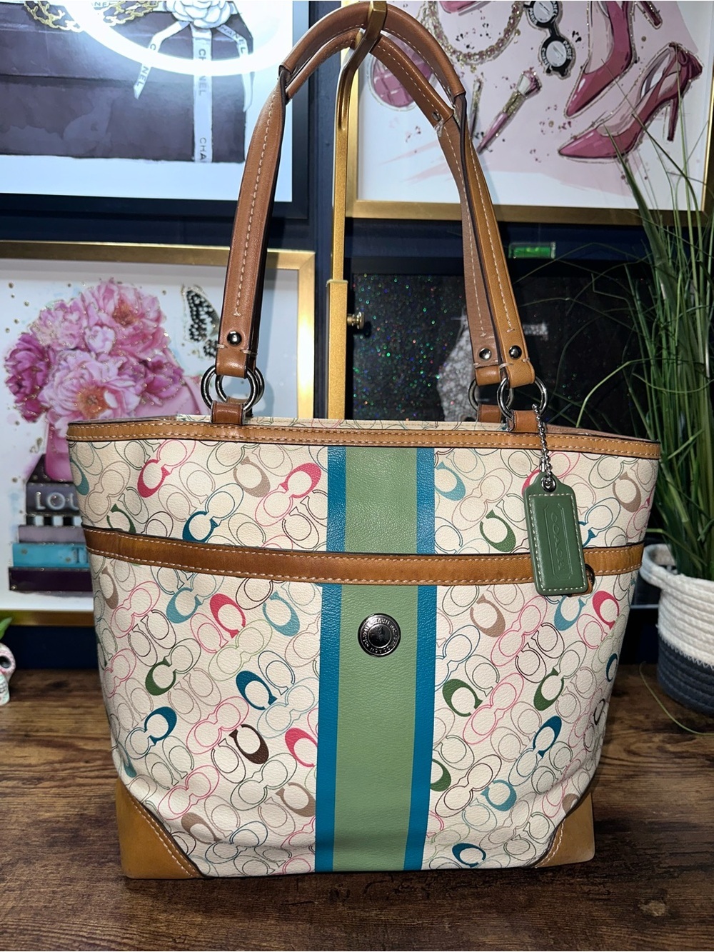 Coach Chelsea Heritage Stripe Tote featuring multicolor